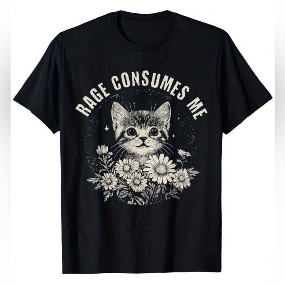 Black Short Sleeve Tee with Cat Graphic and "Rage Consumes Me"